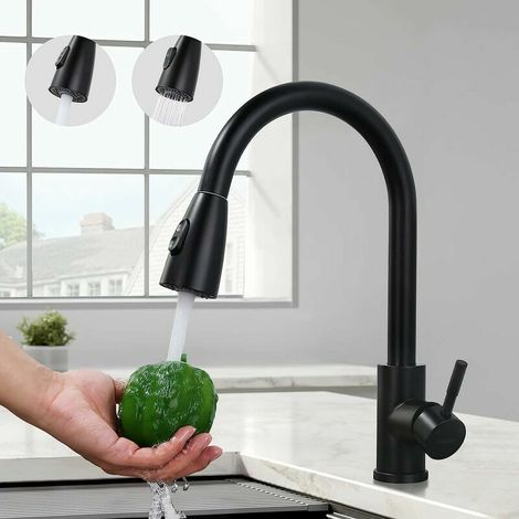 Black Kitchen Faucet, Sink Mixer Tap with Pull-Out Spray in Stainless Steel, Kitchen Mixer Tap with 2 Jet Modes, High Spout and 360° Rotatable, Anti-Corrosion (1/5)