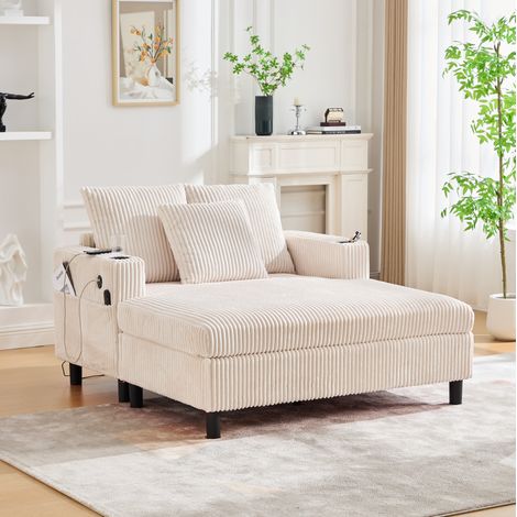 Sillón relax 142x128x85 cm beige con portavasos, USB y LED, tejido acanalado MEUBLIV (1/5)