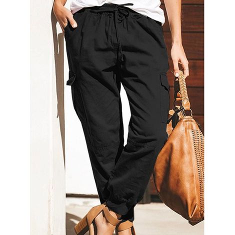 Pantalon cargo femme taille mi-haute, cordon de serrage, jambes fuselées, léger et souple, idéal pour la randonnée, noir XL (1/5)