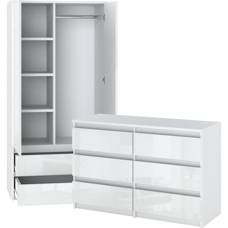 Armoire 90 cm – Blanc brillant – 6 tiroirs – Panneau laminé – Hauteur 180 cm – Profondeur 50 cm – Montage facile (1/5)