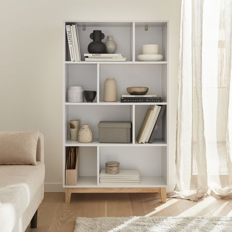 Libreria effetto legno con gambe in legno e 4 ripiani (1/5)