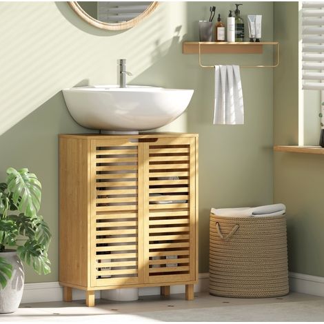 Mueble bajo lavabo de baño de bambú natural con puertas de lamas, 60 x 30 x 80 cm (1/5)