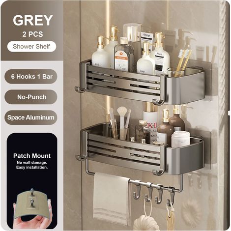 (gris-S-2) Étagère murale rectangulaire pour salle de bain, porte-serviettes, porte-shampoing mural pour douche, sans perçage (1/5)