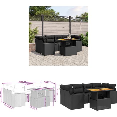 Salon de jardin 7 pcs avec coussins noir résine tressée - Ensemble Salon De Jardin - Meuble Extérieur - Résine Tressée - Rotin Synthétique - Table Extensible - Home & Living (1/3)