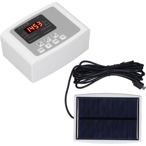 Automatisches Solar-Bewässerungsset mit einer grauen Pumpe, einem 10 m langen Schlauch und integriertem Batterieregler (1/5)