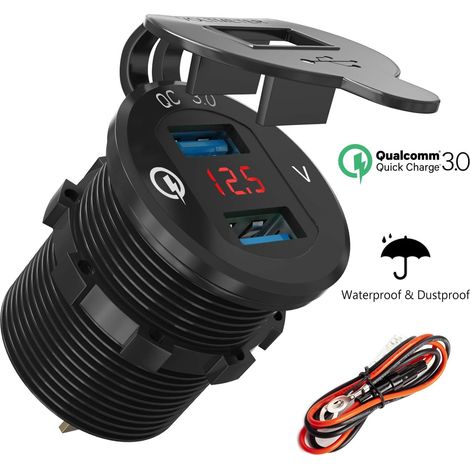 MINKUROW Motorrad Dual USB Buchse Auto Ladegerät Marine Steckdose Adapter Zigarettenanzünder wasserdicht 2.1 A Schnellladung mit LED Voltmeter für 12V/24V QC 3.0 Buchse mit Volmeter