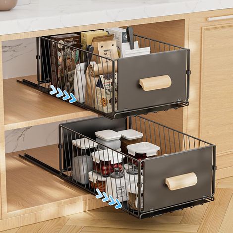 Tiroir Coulissant Cuisine, 2 Pièces 24x40x17CM Organiseurs de Placards, pas Besoin de Percer Panier Coulissant Cuisine pour Rangement Cuisines Dressing (1/5)