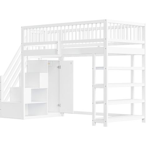 Hochbett 90 x 200 cm weiß mit Schrank, Regalen und Stauraum, Sicherheitsleiter (1/5)