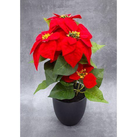 Künstlicher Weihnachtsstern im schwarzen Topf - 40 cm - Kunstblume Poinsettia in naturgetreuer Nachbildung