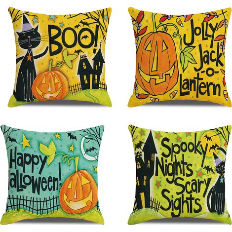 Filiyano – oreiller d – Lot de 4 taies d'oreiller d'Halloween 45 x 45 cm, en lin doux, motif « Farce ou friandise », décoration champêtre orange pour (1/3)