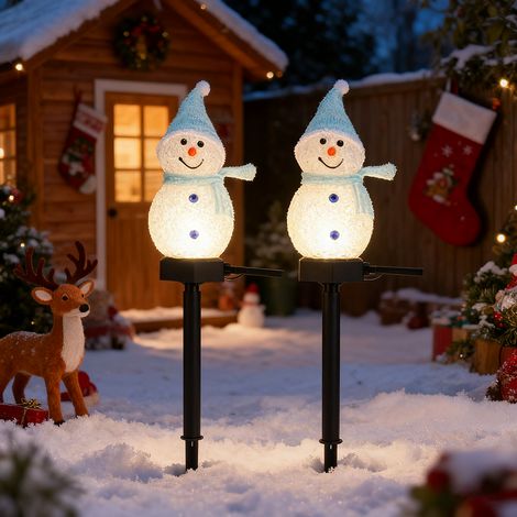 Lot de 2 lumières solaires de Noël en forme de bonhomme de neige avec piquet, Lampes de Noël d'extérieur étanches pour allées, Décorations de Noël (1/5)