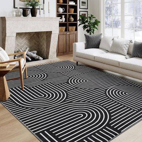 Tapis Lavable Antidérapant, Moquette à Poils Courts En Polyester Avec Motif Arc-En-Ciel Abstrait, Résistant Aux Taches Et à l'Eau Pour Salon, Chambre à Coucher Et Bureau - noir /160230cm
