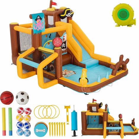 UEV 8 en 1 Château Gonflable pour Enfants XXL, avec Souffleur 450W, Parc Aquatique avec Zone de Saut, Toboggan, Jeu de Cerceaux, Balles Velcro, 394 x 326 x 243 cm