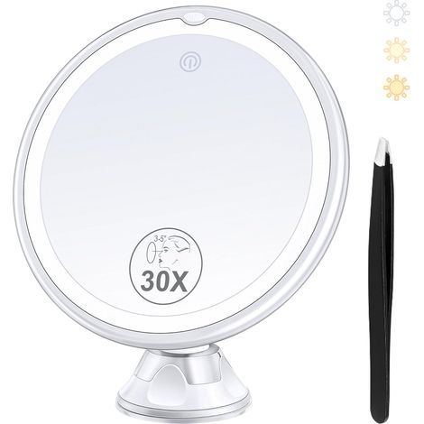 Magnifying mirror, 30X magnifying glass, 3-mode LED lighting, 360° rotation, suction cup mount, bathroom (1/5)