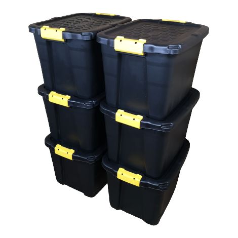 6 x 42L Heavy Duty Storage Tubs Sturdy, Lockable, Stackable and Nestable Design Storage Chests with Clips in Black (1/5)