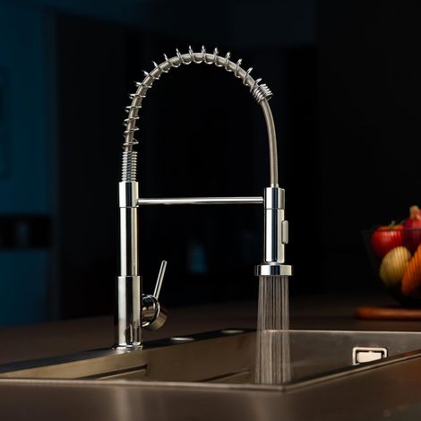 DAYONE Kitchen Sink Taps with Pull Down Sprayer, Spring 360° Swivel Kitchen Mixer Tap, 2 Spray Modes High Arc Single Handle Lever Kitchen Tap, UK Standard Commercial Kitchen Faucet, Chrome (1/5)