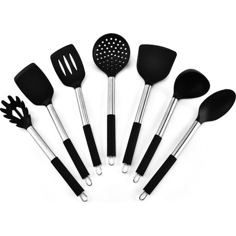 7 Stück Silikon Küchenutensilien Pfannenwender mit Edelstahlgriff, Hitzebeständiger Antihaft Kochbesteck Küchenset zum Kochen, Leicht zu Reinigen & Spülmaschinenfest, Schwarz
