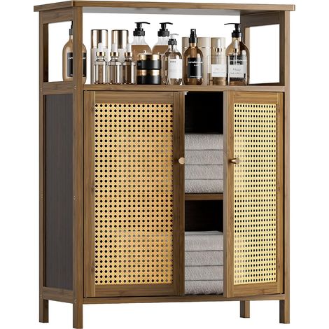 Armoire en Bambou, Meuble de Rangement Salle de Bain avec Rotin Portes, Armoire sur Pied en Bambou, Organisateur autoportant pour Salon, Cuisine, entrée, Noyer (1/5)