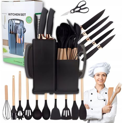 Messerblock-Set + Silikon-Küchenutensilien-Set, 19-teilig, Schwarz