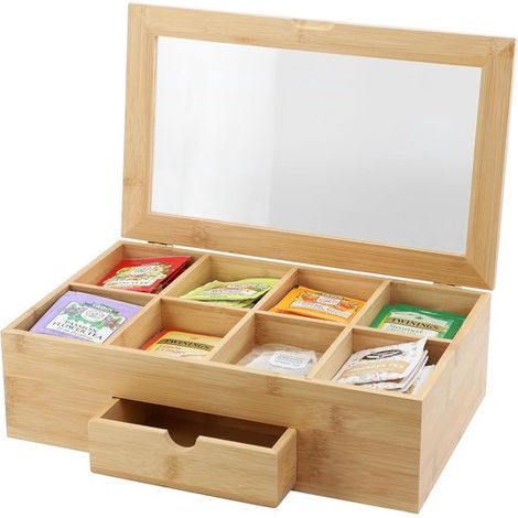 Boîte à thé - Organisateur pour sachets de thé - Bambou - Organisateur pour service à thé - Avec tiroirs et couvercle en acrylique transparent - 8 compartiments - Sachets de thé non inclus - Marron cl (1/5)