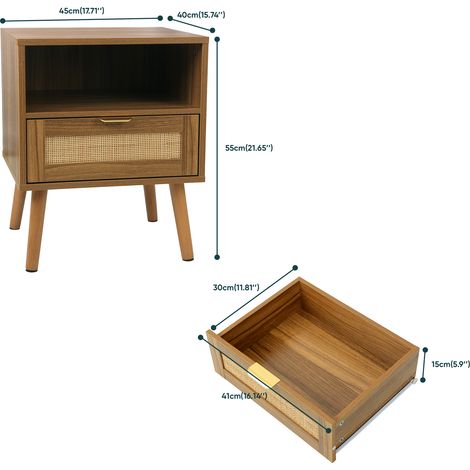 Mesita de noche de ratán con aspecto de nogal, mesita de noche de estilo bohemio con estante abierto, mesita de noche de estilo moderno de mediados de siglo con tiradores dorados, dimensiones 45 x 40 (1/5)