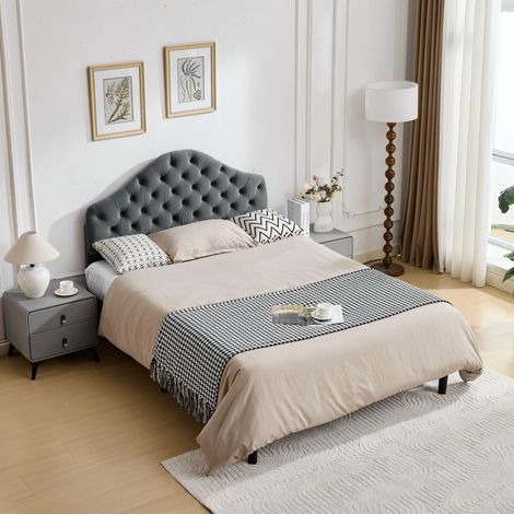 Lit plateforme rembourré 140 x 200 cm avec tête de lit réglable, en velours, sommier à lattes en bois, sans sommier tapissier, montage facile, gris, DE601140GY (1/5)