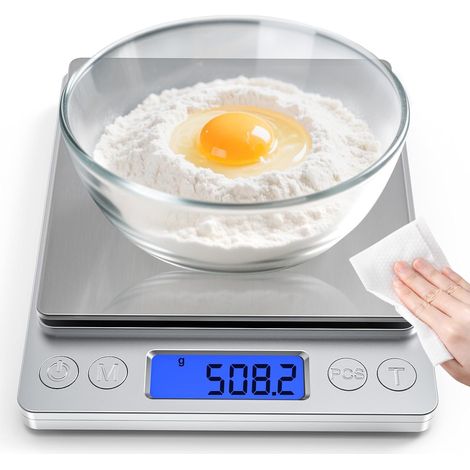 Balanza digital recargable para alimentos, en gramos y onzas, con un rango de medición de 0,1 gramos / 3 kilogramos (6,6 libras). (1/5)