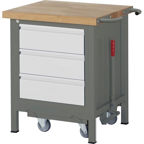STIER Werkbank Premium, mit abs. Fahrgestell, 3 Schubladen, 75x70x88cm, Stahl & Buche