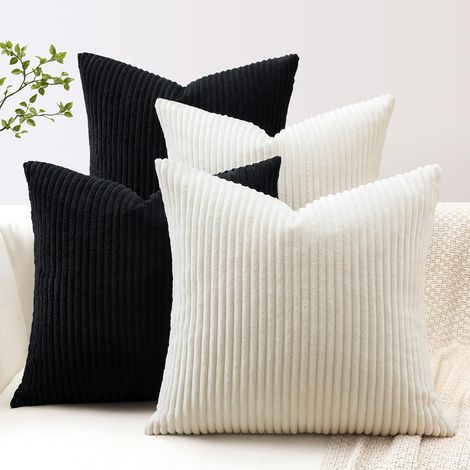 Lot de 4 Housse de Coussin en Velours Côtelé Décoratif Canapé Taie d'oreiller Doux Decoration pour Maison Salon Chambre Canapé Décoration 50x50cm (Crème Blanc Noir) (1/5)