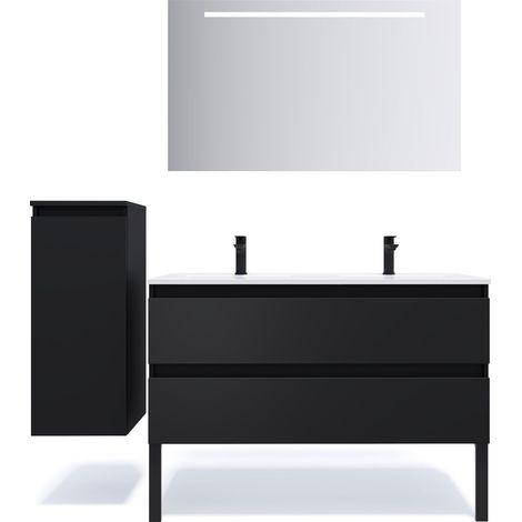 Meuble de salle de bain suspendu double vasque intégrée 120cm 2 tiroirs Noir + miroir + colonne ouverture gauche - Hudson (1/5)