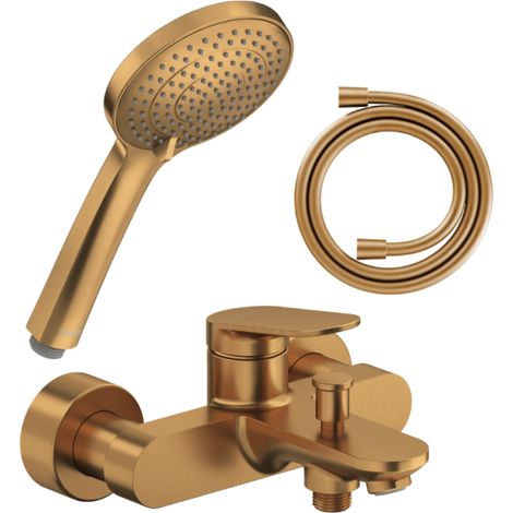 Pack mitigeur bain douche mécanique DURAVIT Wave + pommeau Universal 3 jets avec curseur + flexible 160 cm bronze brossé (1/4)