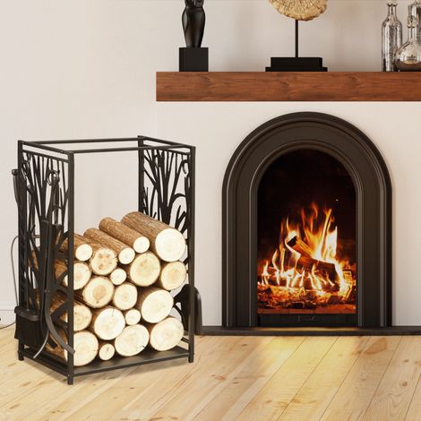 Porte bûches - Range bûches Serviteur de cheminée Arbre - Multi Accessoires étagère 46L x 29l x 70H cm Acier Noir (1/5)