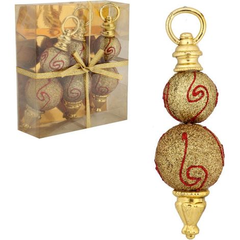 Set di 3 palline dorate a forma di fuso, decorate, per alberi di Natale e composizioni natalizie. (1/5)