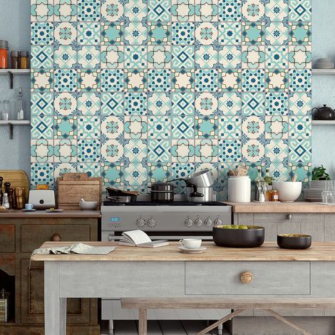 Sticker Mural Carrelage adhésif Cuisine Salle de Bain - 30 STICKERS CARREAUX DE CIMENT AZULEJOS FRANZY - 30stickers10x10cm (1/5)