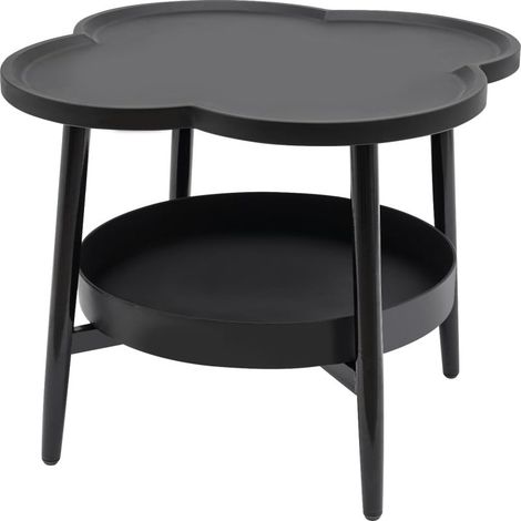 Table d'appoint blanche en forme de pétale, table basse à deux niveaux avec étagère et panier de rangement, idéale pour le salon, la chambre, le bureau, la terrasse, le balcon ou le jardin. (1/5)
