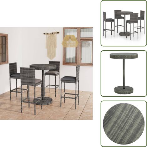 5-tlg. Gartenbar-Set mit Kissen Poly Rattan Grau - Gartenbar Set - Outdoor Möbel - Rattan Gartenmöbel - Balkonmöbel - Esszimmergarnitur (1/5)