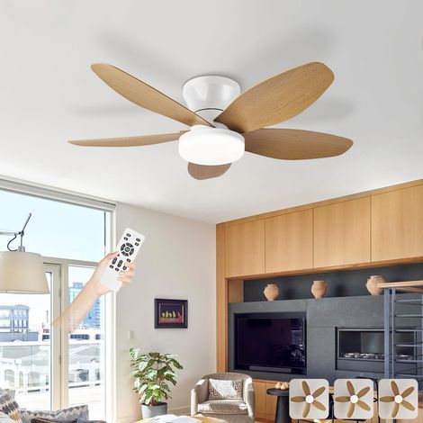 Ventilateur Plafond Avec Lumiere Silencieux, Lustre Ventilo De Plafond Avec Lampe Intégrée Réversible DC Moteur, LED Luminaire Ventilateur Plafonnier Pour Chambre Salon Cuisine-White+WoodGrain36in (1/5)