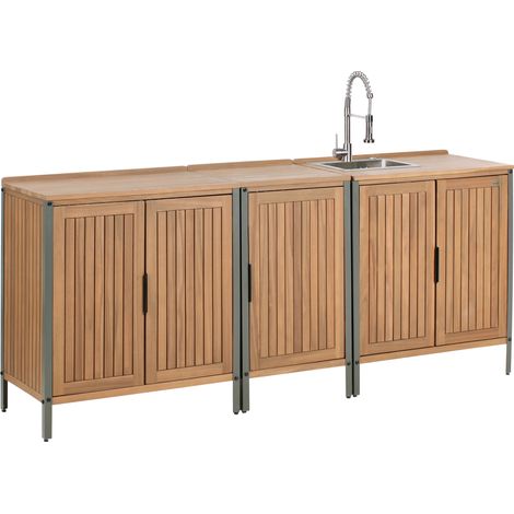 Conjunto de 3 armarios de madera de acacia para cocina exterior con fregadero y grifo estantes encimera de madera maciza acero inoxidable marrón Ivrea