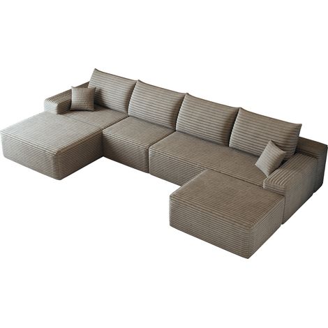 Sofá Modular de Esquina 4 Plazas, Sin Montaje, Asiento Profundo, Pana, Camel (1/5)