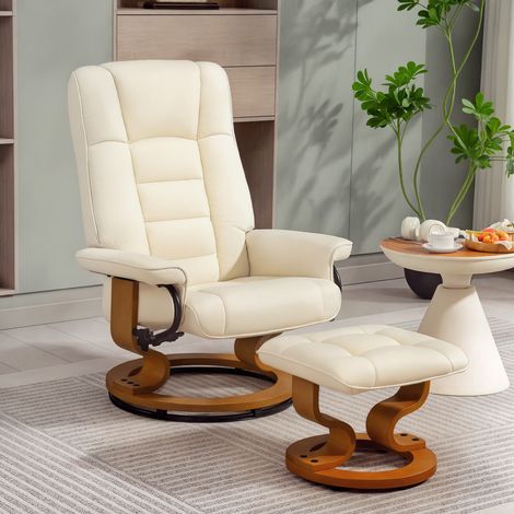 Fauteuil relaxant pivotant beige avec repose-pieds, armature en bois, habillage en cuir synthétique