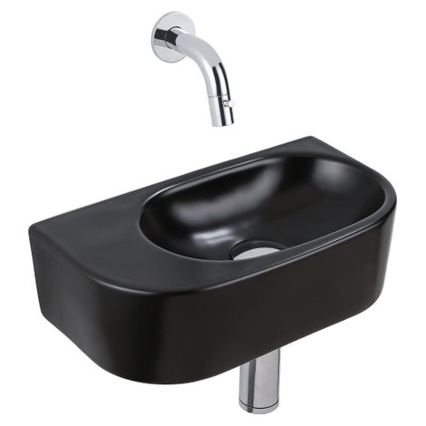 QeramiQ Fuente Ensemble de Lavabo - 40x21.5x12cm - lisse - demi-rond - céramique - ensemble de robinet chrome - bouchon de vidange - siphon abaissé -