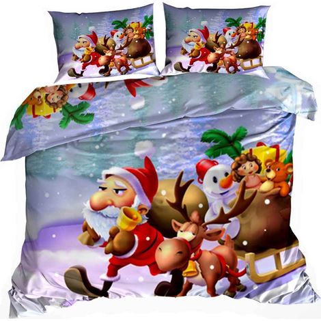 Parure de lit en satin de coton 3D 160x200cm Père Noël avec clochette