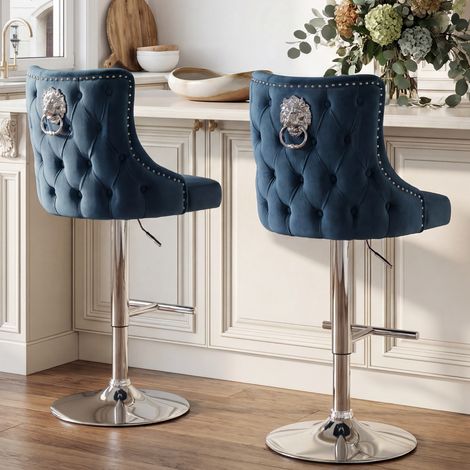 Wahson Set di 2 Sgabelli Cucina in Velluto Regolabili in Altezza, Sgabello da Bar Stile Moderno con Poggiapiedi in Metallo, per Isola Cucina/Ristorante, Blu (1/5)