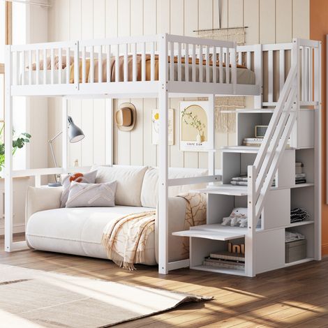 Cama alta 140x200 con escalera de almacenamiento segura, barandilla, 15 lamas, blanca HAVRYA (1/5)