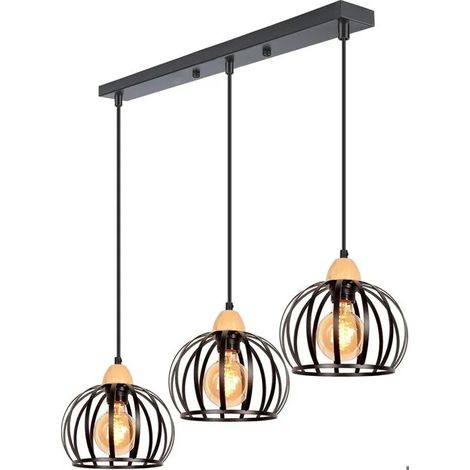 Lustre Suspension - - Rétro - Bois et Métal - 3 Ampoules - Design Ajustable (1/5)