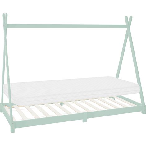 ML-Design Kinderbett Tipi 90 x 200 cm Mint mit Matratze H:10cm & Lattenrost, Indianer Bett, Kiefernholz, Hausbett für Mädchen/Jungen, Bodenbett Kinderhaus Jugendbett Holzbett Bettenhaus Spielbett Zelt