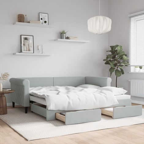 Tagesbett Ausziehbar mit Schubladen Hellgrau 90x190 cm Samt (1/5)
