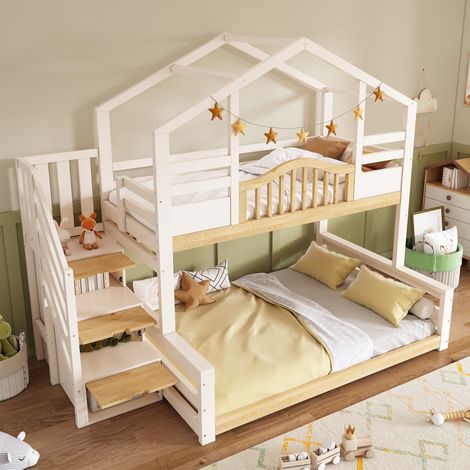 Modernluxe - Lit superposé 90x200cm+140x200cm - style maison - avec escalier de rangement et étagères - MDF - Blanc+Naturel (sans matelas) (1/4)