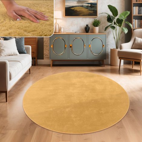 Paco Home Teppich Wohnzimmer Kunstfell Plüsch Hochflor Shaggy Weich Verschied. Farben Gelb, 80 cm Rund