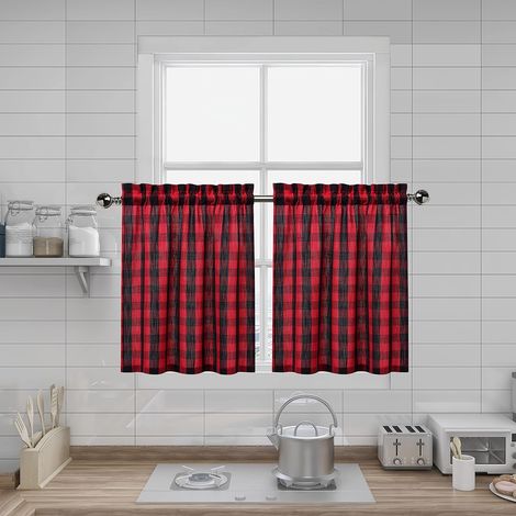 Rideaux à étages à carreaux noirs et rouges — Idéaux pour fenêtres de cuisine et de salle de bain — 70 x 60 cm — Lot de 2 pièces (1/5)